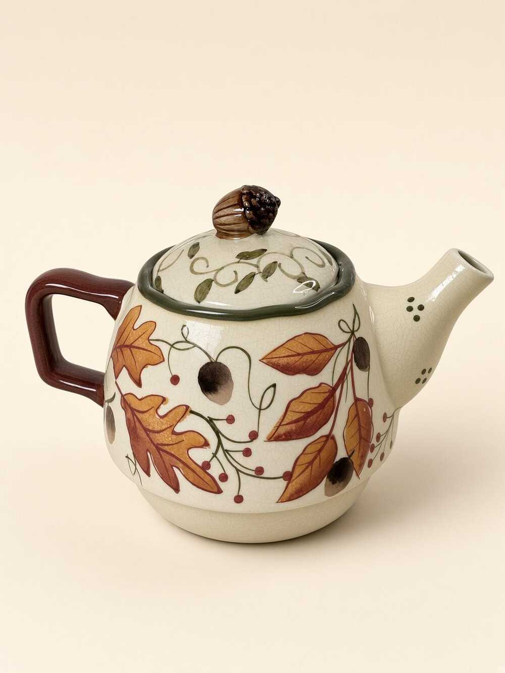 Autumn Leaf Teapot, Acorn Knob, Berry Oak Glaze, Cream Ceramic Crazing